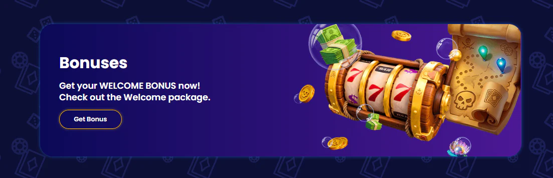 Bubbles Bet casino bonuses banner featuring a golden slot machine, treasure map and coins